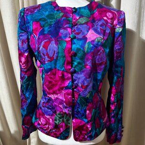 Adrianna Papell Vintage Silk Floral Blouse – 90s Button Up Shoulder Pads LUX230